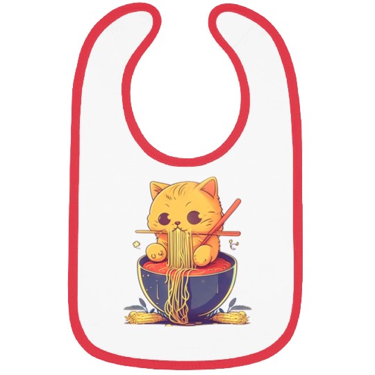 Cute Cat Eating Ramen Noodle Japanese Culture Bibs