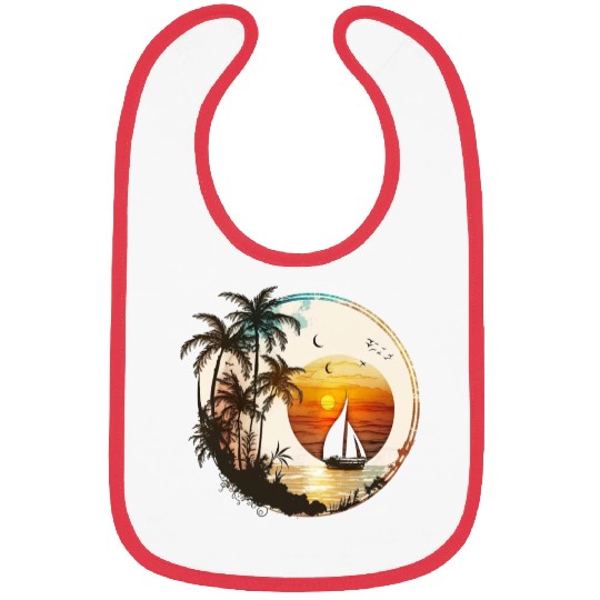 Beach Sunset Sailboat Palm Trees Ocean Vacation 2 Bibs