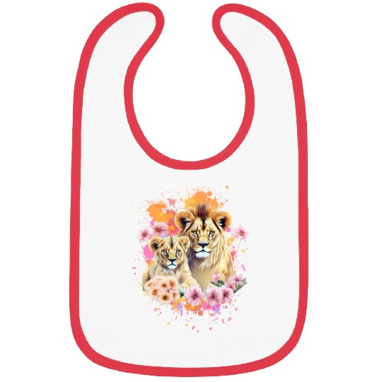 Lion Mom & Son Cubs with Flower Watercolor Bibs
