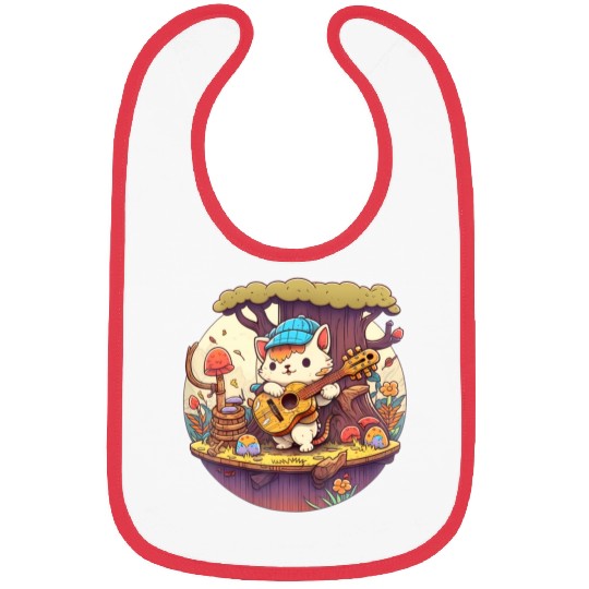 Cute Kawaii Cat Playing Guitar Banjo On Log Bibs