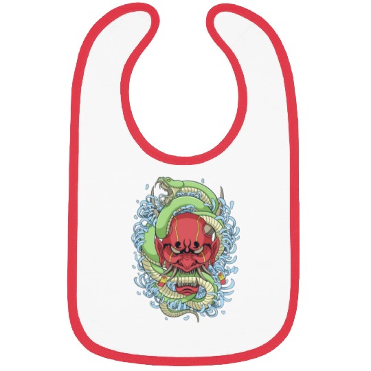Japanese oni mask with peony flower and greem snak Bibs