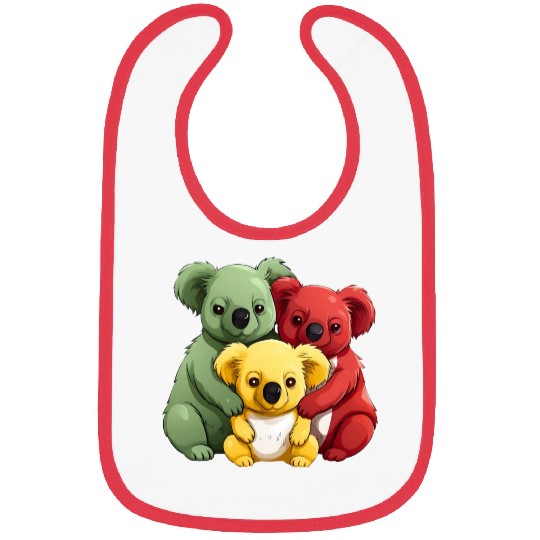 Colorful Koala Family, Red, Yellow and Green Bibs