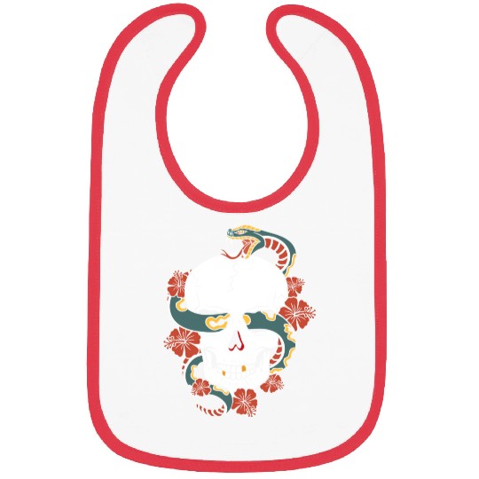 Human skull, snake and hibiscus flower. Bibs