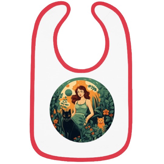Woman in green dress with black cat and orange cat Bibs