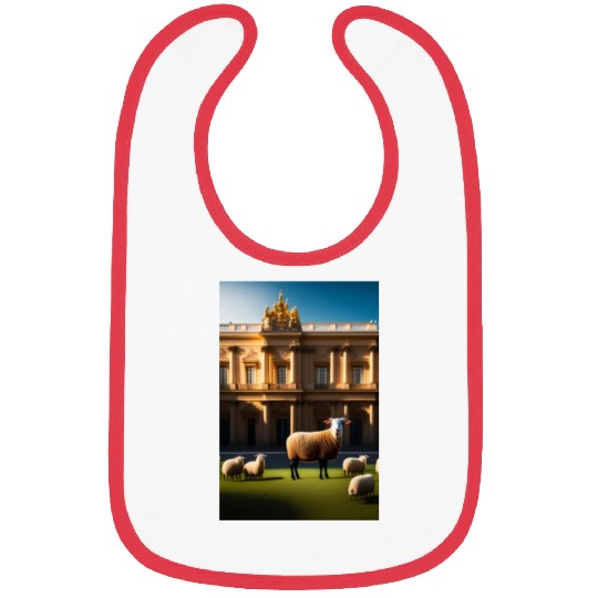 sheep in baroque armor in front of palace made of Bibs