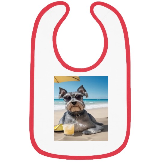 Schnauzer Chilling at Beach with a Drink Bibs