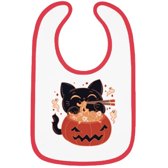 Kawaii Creepy black Cat Eating Ramen Noodles Bibs