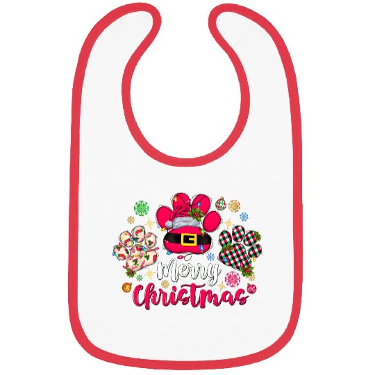 Merry Christmas Dog Paws Lights Buffalo Plaid Xmas Bibs