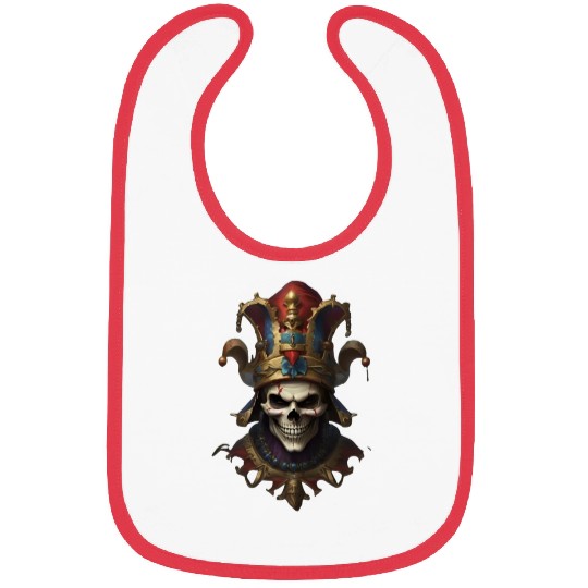 A grinning skull crowned with a jester. Bibs