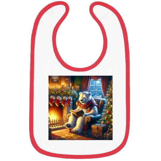 Winter Tales-Merry Cozy Bear Reading by Fireplace Bibs