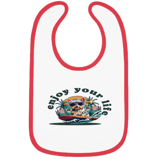 Enjoy Your Life: Yorkie Dog Surfing Premium Cotton Bibs