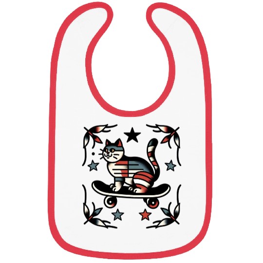 AI Traditional Tattoo Cat on Skateboard Bibs
