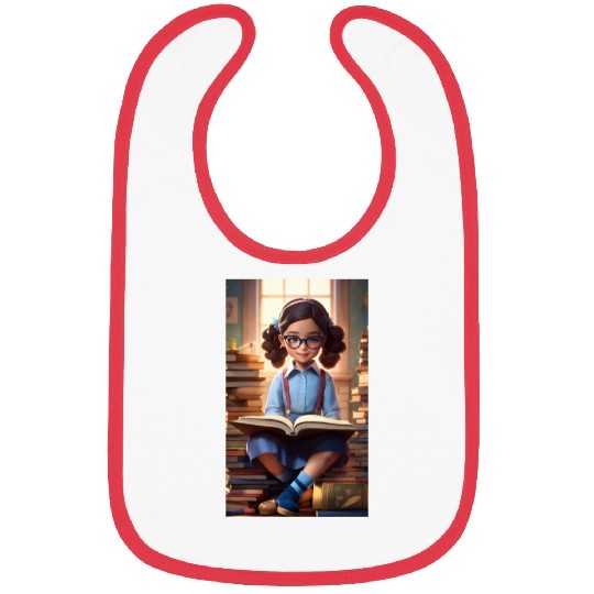 A sweet 5 year old girl wearing a light blue butto Bibs