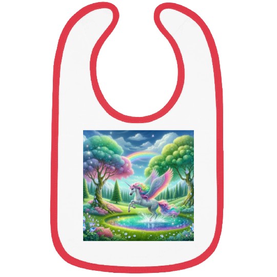 Enchanted Rainbow Unicorn Over Sparkling Pond Bibs