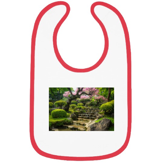 Serene Japanese Garden with Waterfall and Blossoms Bibs