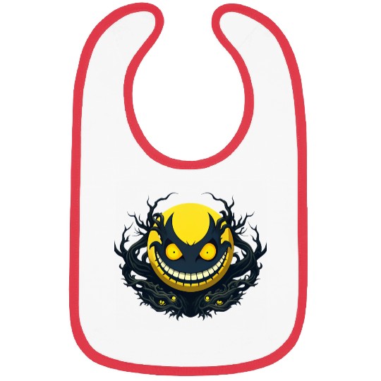 Bright yellow face with sinister twists. Bibs