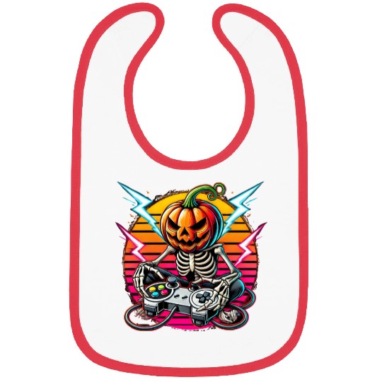 Retro Pumpkin Skeleton Gamer Neon Halloween Design Bibs