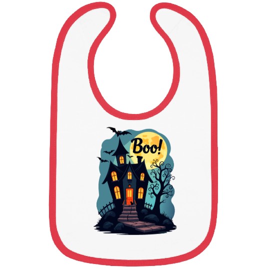 spooky haunted house with a black cat sitting Bibs