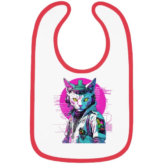 Neon Cyberpunk Warrior Cat Bibs