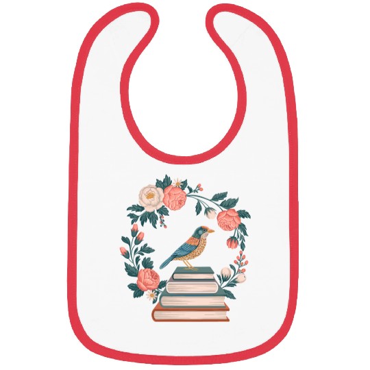 Cottagecore Bird on Books with Floral Wreath Bibs