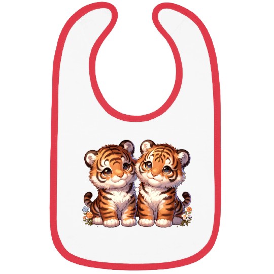 Adorable Twin Tiger Cubs Illustration with Flowers Bibs