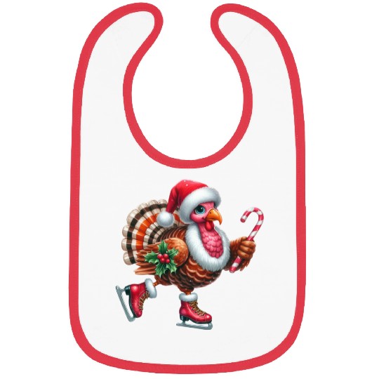Turkey Ice Skating with Candy Cane and Santa Hat Bibs