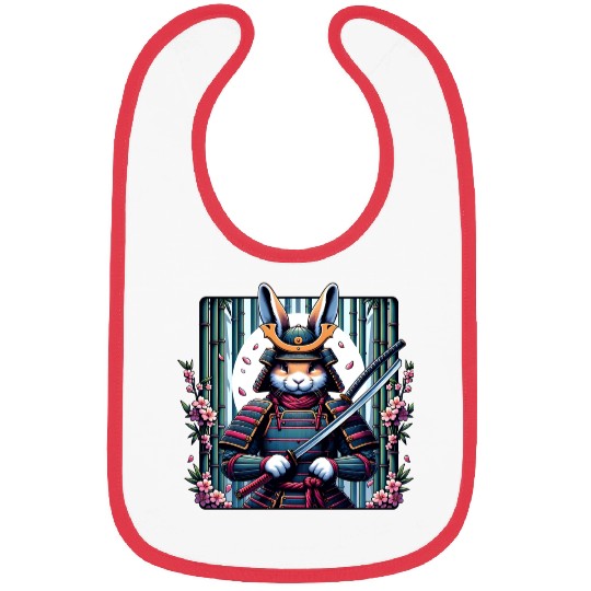 Samurai Rabbit with Katana and Cherry Blossoms Bibs