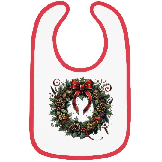 Rustic Christmas Wreath with Holly and Pine Cones Bibs