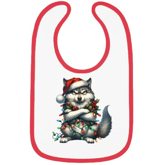 Wolf with Santa Hat and Christmas Lights Design Bibs
