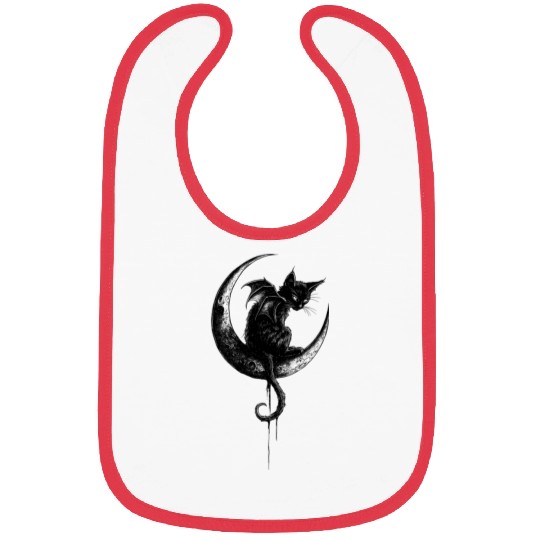 Cat With Bat Wings Sitting On Crescent Moon Goth Bibs