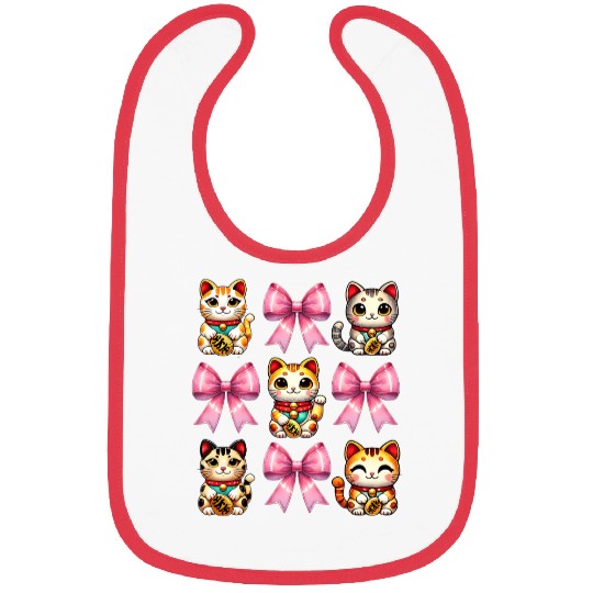 Coquette Bow Maneki Neko Japanese Cat Lucky Pink Bibs