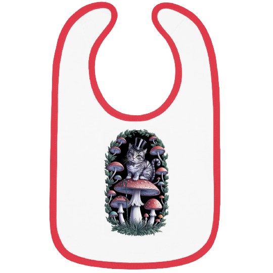 Gentleman cat hatter sitting on mushroom, black Bibs