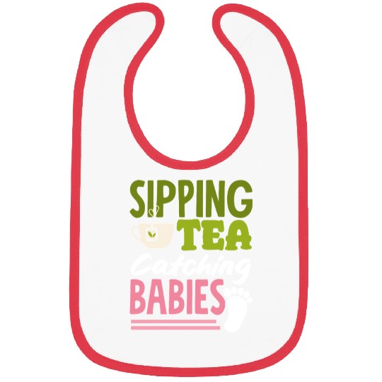 Midwife Sipping Tea Catching Babies Bibs