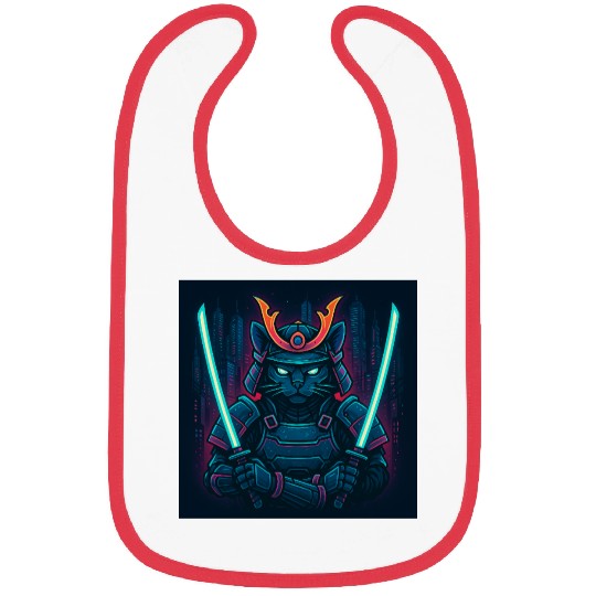 A futuristic samurai cat in neon armor with glo Bibs