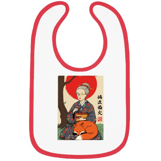 Older japanese mom sippin tea sitting with red fox Bibs
