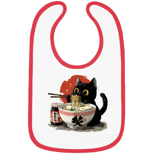 Black Cat Eating Ramen Japanese Funny Cat Bibs
