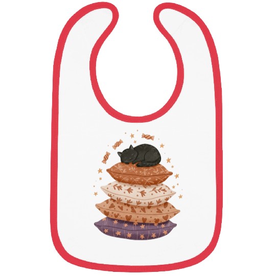 Whimsical Sleepy Cat on Patterned Pillows Bibs