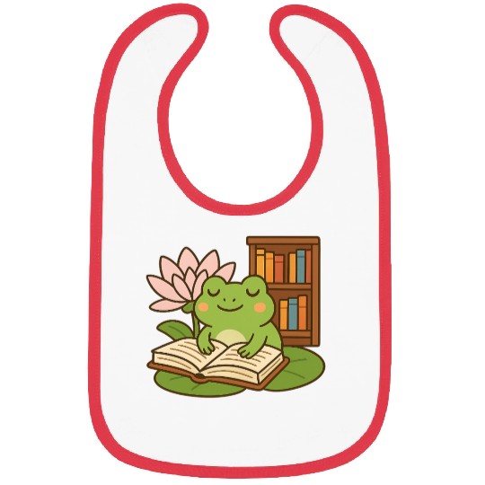 Serene Frog Reading Book Under Lotus Bibs
