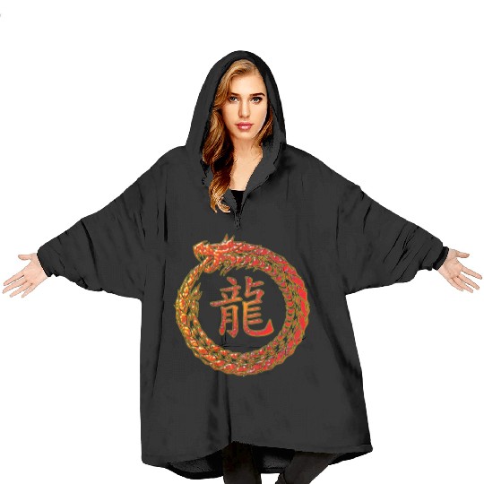 Fire Dragon In Circle with Chinese Dragon Symbol Blanket Hoodies