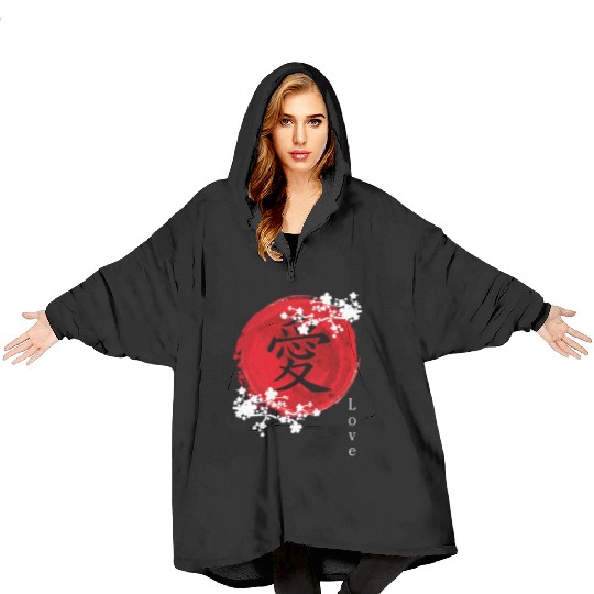 Japanese Kanji Love - Sakura Cherry Blossom Blanket Hoodies