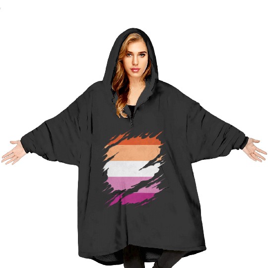 Lesbian Pride Flag Ripped Reveal Blanket Hoodies