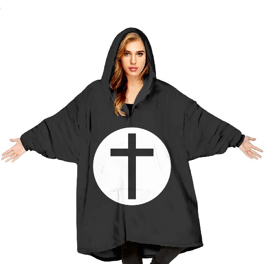 Cross Inside a White Circle Blanket Hoodies