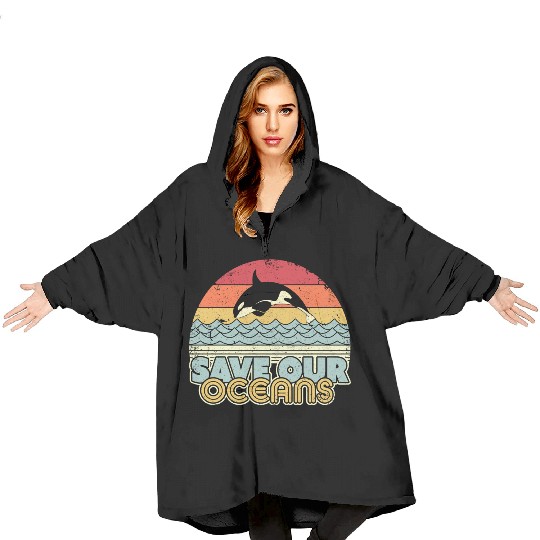 Save Our Oceans Orca Whale Retro Climate Change Blanket Hoodies