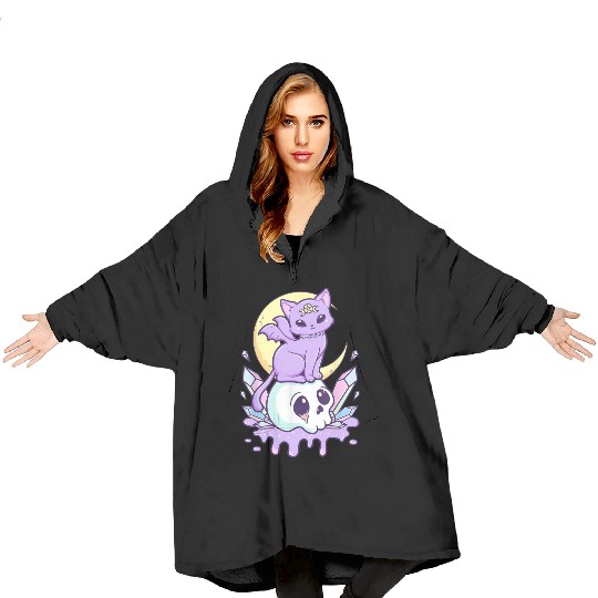 Pastel Goth Cute Creepy Witchy Cat and Skull Blanket Hoodies