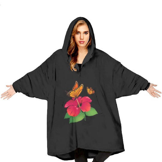 Hibiscus Flower and Monarch Butterfly Nature Blanket Hoodies