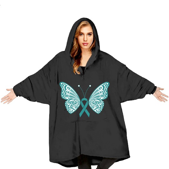 Ovarian Cancer Awareness Teal Ribbon Butterfly Blanket Hoodies