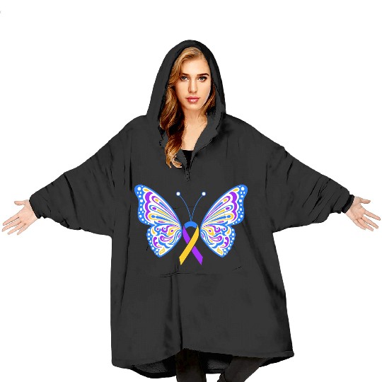Bladder Cancer Purple Yellow Blue Ribbon Butterfly Blanket Hoodies