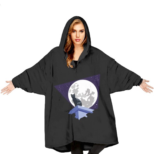 Black cat under the moon Blanket Hoodies