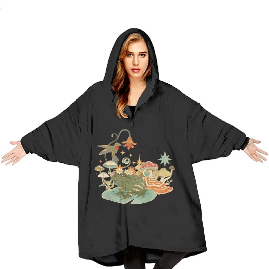 Cottagecore with frog, mushrooms and hummingbird Blanket Hoodies