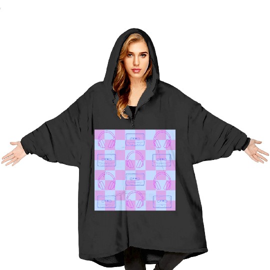 1980's Music Checkerboard - blue and purple Blanket Hoodies